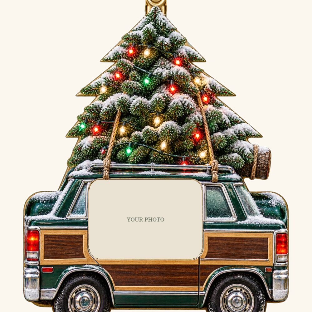 Tree on the Wagon — Personalized Photo Ornament design preview with a placeholder for your photo